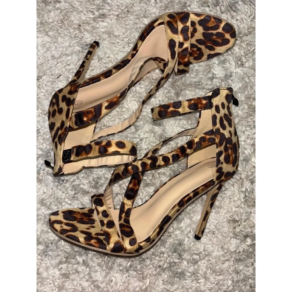 Leopard Print Strappy Stiletto Heels Ankle Strap Sandal Brown Black Size 10